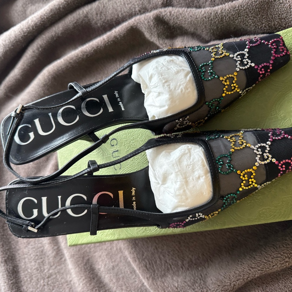Gucci Women's Black and Multicolor Mesh Slingback Shoes